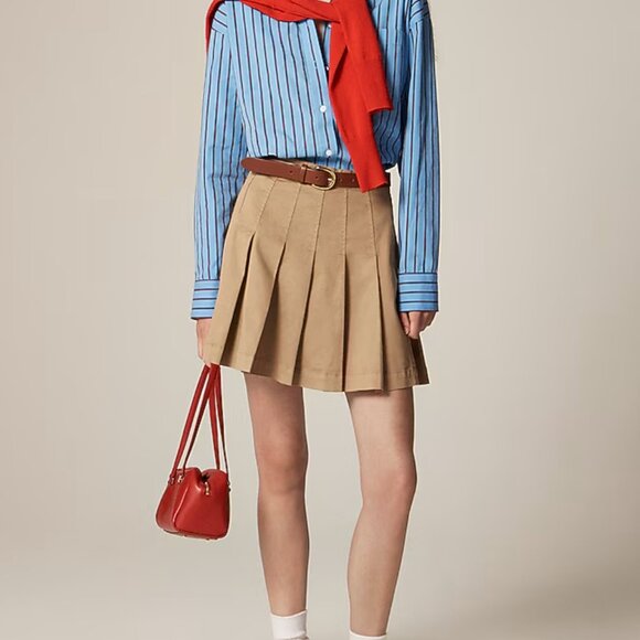 162. J. CREW Pleated mini skirt chino Camel $168 EUC Sz 0 - Picture 1 of 3